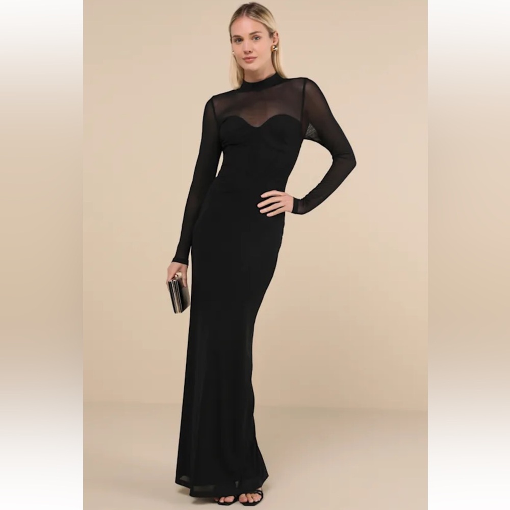 LULUS Elegant Black Mesh Cutout Evening Gown